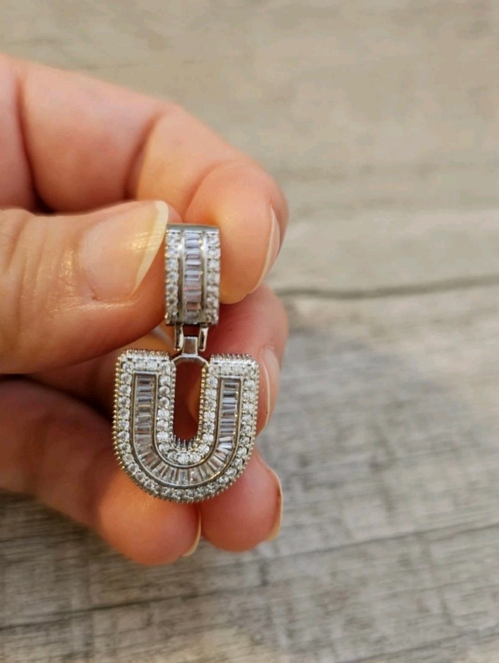 Sterling Silver 'U' Initial Pendant with Clear CZ Accents